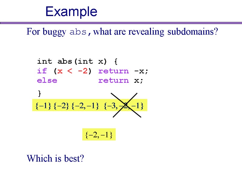 For buggy abs,what are revealing subdomains?  int abs(int x) { if (x <